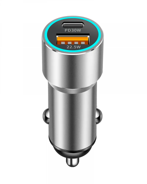 LEVCORP Szybka ładowarka samochodowa USB-A + USB-C 30W universalna PD + QC 3.0 Srebrny